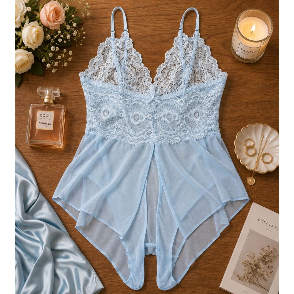 Lingerie Lace Mesh Bodysuit Light Blue Women's New Unbranded (520D)